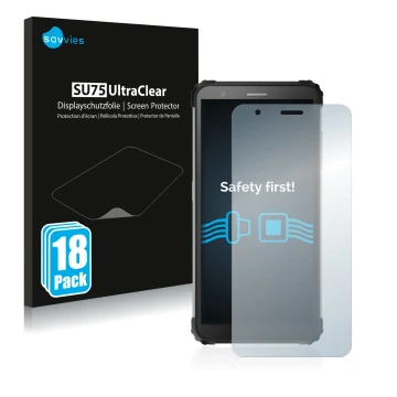 Face avant d’un emballage produit avec le logo de la marque Savvies. À côté, l’appareil Blackview BV6600 Pro est représenté av