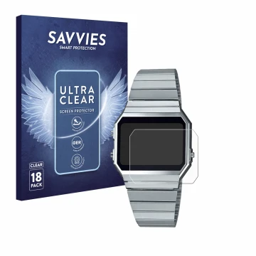Face avant d’un emballage produit avec le logo de la marque Savvies. À côté, l’appareil Casio A700WE est représenté avec la pr