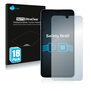 Face avant d’un emballage produit avec le logo de la marque Savvies. À côté, l’appareil ZTE Blade A71 est représenté avec la p