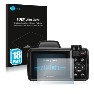 Face avant d’un emballage produit avec le logo de la marque Savvies. À côté, l’appareil Kodak Pixpro AZ525 est représenté avec