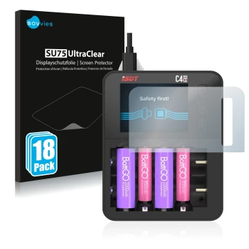 Face avant d’un emballage produit avec le logo de la marque Savvies. À côté, l’appareil ISDT C4 Evo est représenté avec la pro