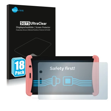 Face avant d’un emballage produit avec le logo de la marque Savvies. À côté, l’appareil Kurio Tab Lite 2 est représenté avec l
