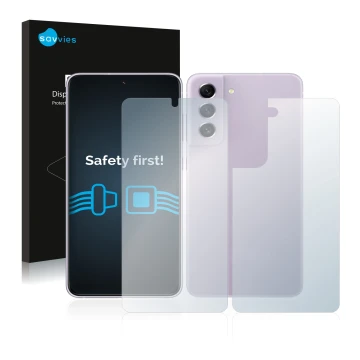 Face avant d’un emballage produit avec le logo de la marque Savvies. À côté, l’appareil Samsung Galaxy S21 FE 5G (Avant+Arrièr