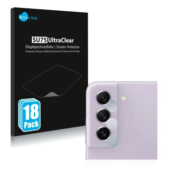 Face avant d’un emballage produit avec le logo de la marque Savvies. À côté, l’appareil Samsung Galaxy S21 FE 5G (Caméra UNIQU