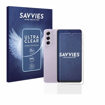 Face avant d’un emballage produit avec le logo de la marque Savvies. À côté, l’appareil Samsung Galaxy S21 FE 5G (Avant+Caméra