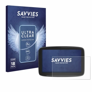 Face avant d’un emballage produit avec le logo de la marque Savvies. À côté, l’appareil TomTom GO Classic 6