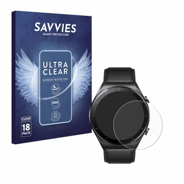 Face avant d’un emballage produit avec le logo de la marque Savvies. À côté, l’appareil Xiaomi Watch S1 est représenté avec la