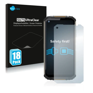 Face avant d’un emballage produit avec le logo de la marque Savvies. À côté, l’appareil Oukitel WP16 est représenté avec la pr