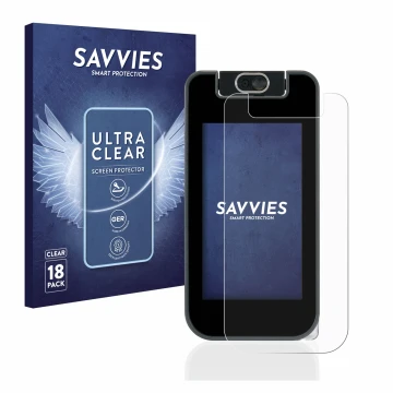 Face avant d’un emballage produit avec le logo de la marque Savvies. À côté, l’appareil Vtech Kidicom Advance 3.0 est représen