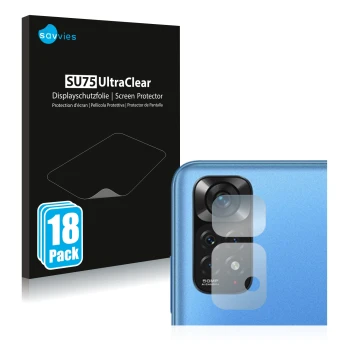 Face avant d’un emballage produit avec le logo de la marque Savvies. À côté, l’appareil Xiaomi Redmi Note 11 (Caméra UNIQUEMEN