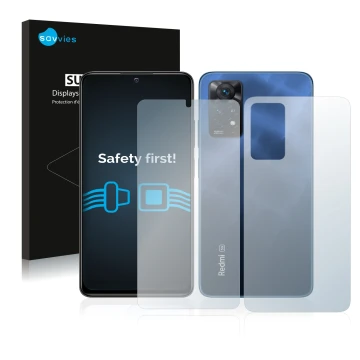 Face avant d’un emballage produit avec le logo de la marque Savvies. À côté, l’appareil Xiaomi Redmi Note 11 Pro 5G (Avant+Arr