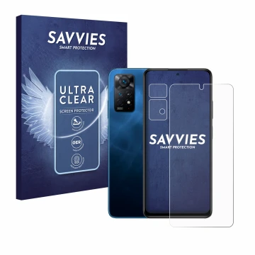 Face avant d’un emballage produit avec le logo de la marque Savvies. À côté, l’appareil Xiaomi Redmi Note 11 Pro 5G (Avant+Cam