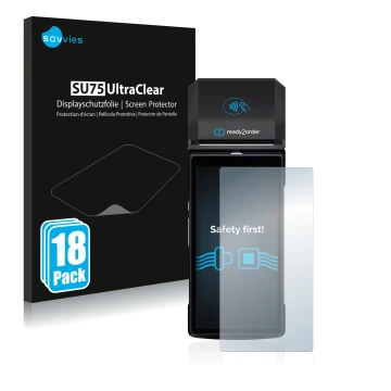 Face avant d’un emballage produit avec le logo de la marque Savvies. À côté, l’appareil Ready2order ReadyGo est représenté ave