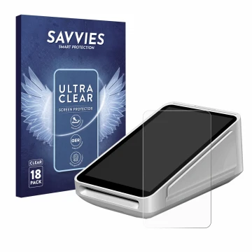 Face avant d’un emballage produit avec le logo de la marque Savvies. À côté, l’appareil Square Terminal est représenté avec la
