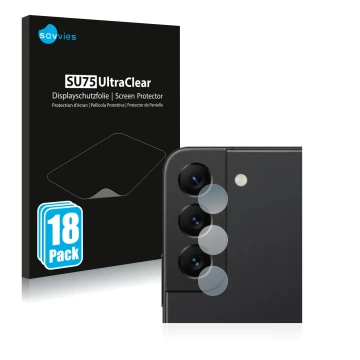 Face avant d’un emballage produit avec le logo de la marque Savvies. À côté, l’appareil Samsung Galaxy S22 5G (Caméra UNIQUEME