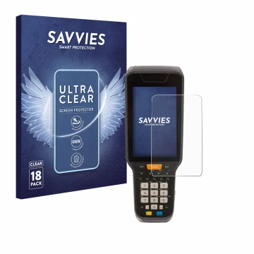 Face avant d’un emballage produit avec le logo de la marque Savvies. À côté, l’appareil Datalogic Skorpio X5 est représenté av