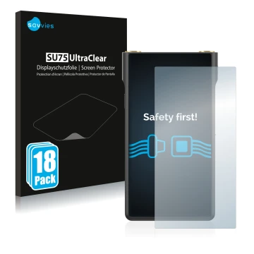 Face avant d’un emballage produit avec le logo de la marque Savvies. À côté, l’appareil Sony Walkman NW-WM1AM2 est représenté 