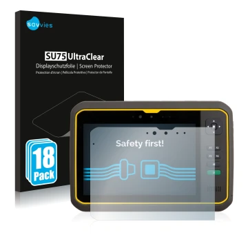 Face avant d’un emballage produit avec le logo de la marque Savvies. À côté, l’appareil Trimble T7 est représenté avec la prot