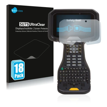 Face avant d’un emballage produit avec le logo de la marque Savvies. À côté, l’appareil Trimble TSC5 est représenté avec la pr