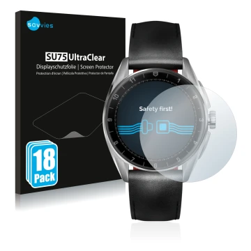 Face avant d’un emballage produit avec le logo de la marque Savvies. À côté, l’appareil TAG Heuer Connected Calibre E4 (42 mm)