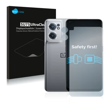 Face avant d’un emballage produit avec le logo de la marque Savvies. À côté, l’appareil OnePlus Nord CE 2 5G (Avant+Caméra) es