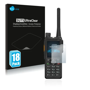 Face avant d’un emballage produit avec le logo de la marque Savvies. À côté, l’appareil Hytera HP785 est représenté avec la pr