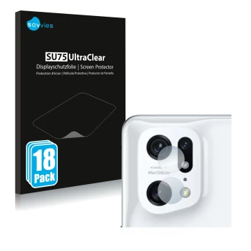 Face avant d’un emballage produit avec le logo de la marque Savvies. À côté, l’appareil Oppo Find X5 Pro (Caméra UNIQUEMENT) e