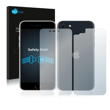 Face avant d’un emballage produit avec le logo de la marque Savvies. À côté, l’appareil Apple iPhone SE 3 2022 (Avant+Arrière)