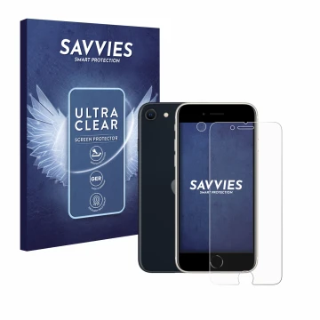 Face avant d’un emballage produit avec le logo de la marque Savvies. À côté, l’appareil Apple iPhone SE 3 2022 (Avant+Caméra) 
