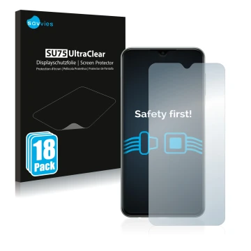 Face avant d’un emballage produit avec le logo de la marque Savvies. À côté, l’appareil Samsung Galaxy M33 est représenté avec