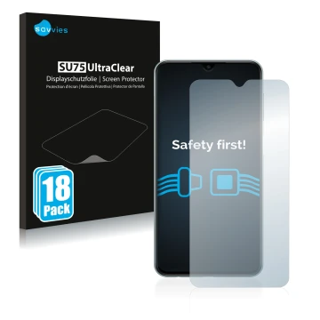 Face avant d’un emballage produit avec le logo de la marque Savvies. À côté, l’appareil Samsung Galaxy M23 est représenté avec