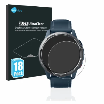 Face avant d’un emballage produit avec le logo de la marque Savvies. À côté, l’appareil Xiaomi Watch S1 Active est représenté 