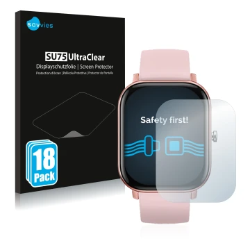 Face avant d’un emballage produit avec le logo de la marque Savvies. À côté, l’appareil DCU Tecnologic Smartwatch Curved Glass