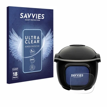 Face avant d’un emballage produit avec le logo de la marque Savvies. À côté, l’appareil Krups Cook4me Touch Wifi est représent