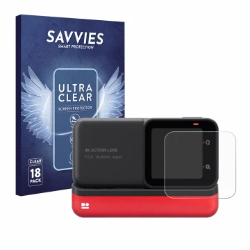 Face avant d’un emballage produit avec le logo de la marque Savvies. À côté, l’appareil Insta360 One RS 4K Edition est représe