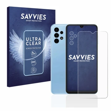 Face avant d’un emballage produit avec le logo de la marque Savvies. À côté, l’appareil Samsung Galaxy A13 (Avant+Caméra) est 