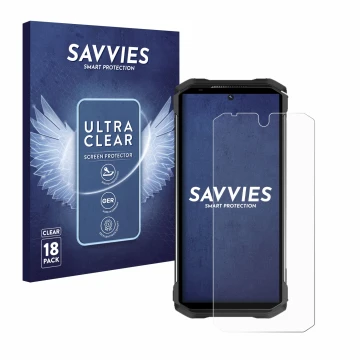 Face avant d’un emballage produit avec le logo de la marque Savvies. À côté, l’appareil Doogee S98 est représenté avec la prot