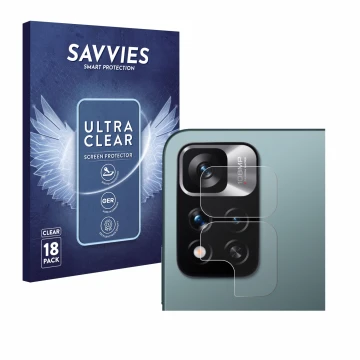 Face avant d’un emballage produit avec le logo de la marque Savvies. À côté, l’appareil Xiaomi Redmi Note 11 Pro+ 5G (Caméra U