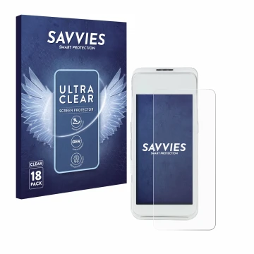 Face avant d’un emballage produit avec le logo de la marque Savvies. À côté, l’appareil Pax A920 Pro est représenté avec la pr