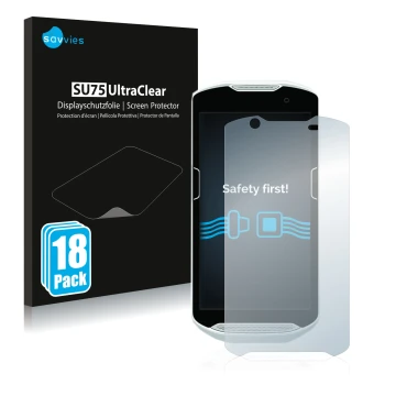 Face avant d’un emballage produit avec le logo de la marque Savvies. À côté, l’appareil Zebra TC52 est représenté avec la prot