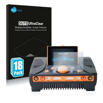 Face avant d’un emballage produit avec le logo de la marque Savvies. À côté, l’appareil Junsi iCharger 406 Duo est représenté 