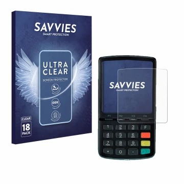 Face avant d’un emballage produit avec le logo de la marque Savvies. À côté, l’appareil ingenico Link/2500 est représenté avec