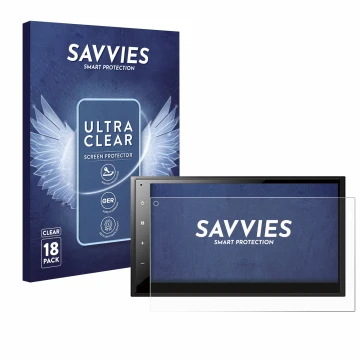 Face avant d’un emballage produit avec le logo de la marque Savvies. À côté, l’appareil Pioneer DMH-A340DAB est représenté ave