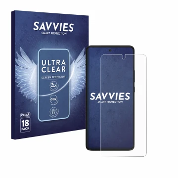 Face avant d’un emballage produit avec le logo de la marque Savvies. À côté, l’appareil Motorola Edge 30 est représenté avec l