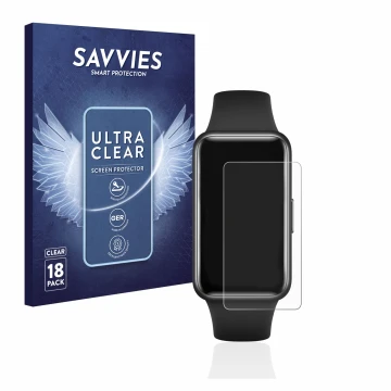 Face avant d’un emballage produit avec le logo de la marque Savvies. À côté, l’appareil Huawei Band 7 est représenté avec la p