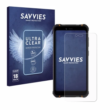 Face avant d’un emballage produit avec le logo de la marque Savvies. À côté, l’appareil Hotwav T5 Pro est représenté avec la p