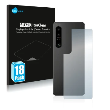 Face avant d’un emballage produit avec le logo de la marque Savvies. À côté, l’appareil Sony Xperia 1 IV (Arrière) est représe