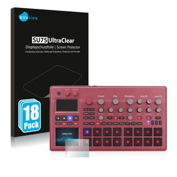 Face avant d’un emballage produit avec le logo de la marque Savvies. À côté, l’appareil KORG electribe Sampler est représenté 
