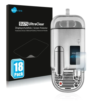 Face avant d’un emballage produit avec le logo de la marque Savvies. À côté, l’appareil Sage Nespresso Creatista Pro est repré