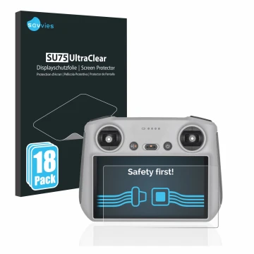 Face avant d’un emballage produit avec le logo de la marque Savvies. À côté, l’appareil DJI RC Controller est représenté avec 